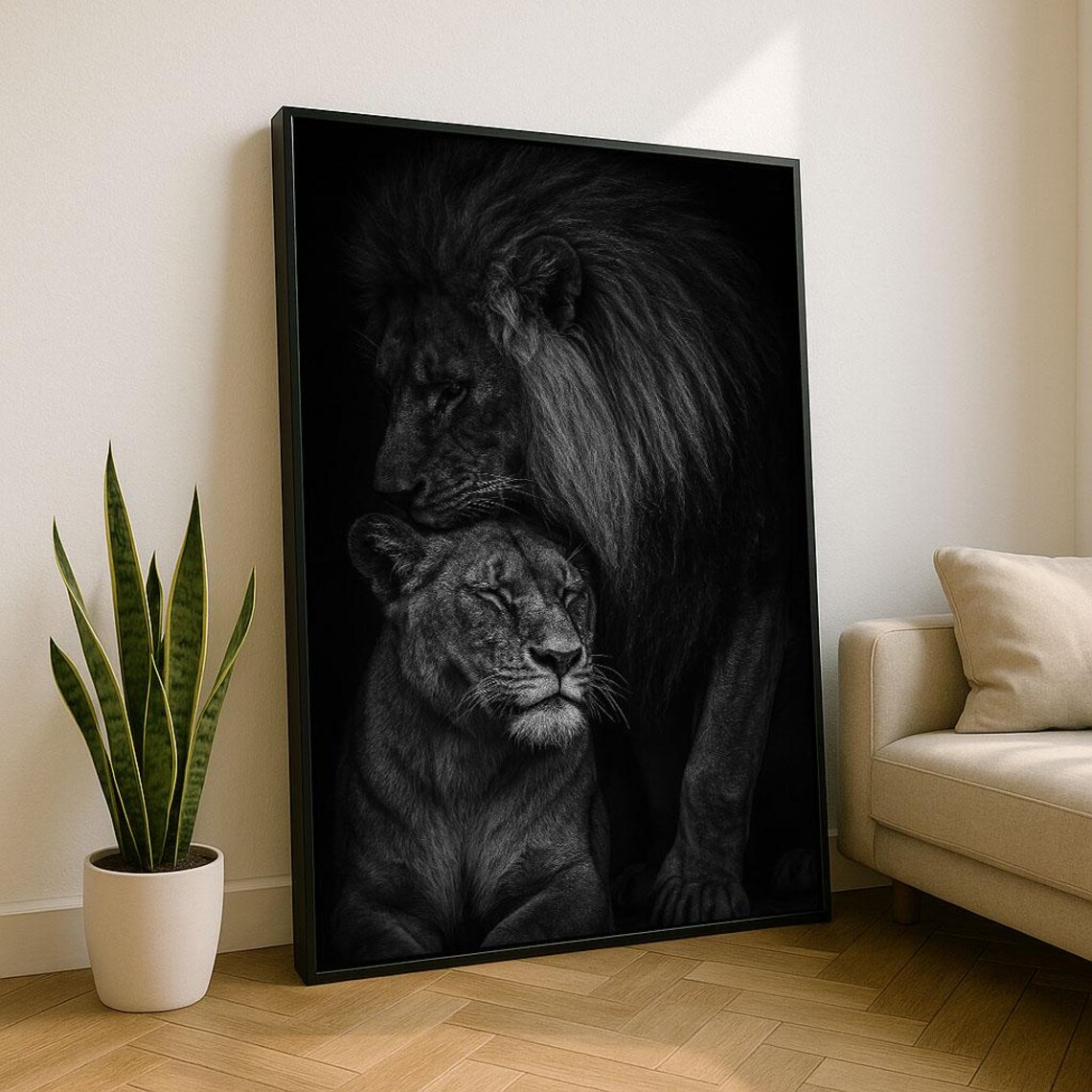 Tender Lion Couple Embrace Black and White Wildlife Art Poster