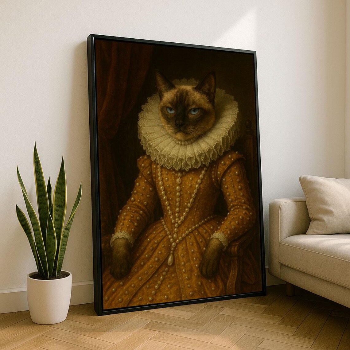 Regal Siamese Cat in Renaissance Dress Pearl Ruff Portrait Poster