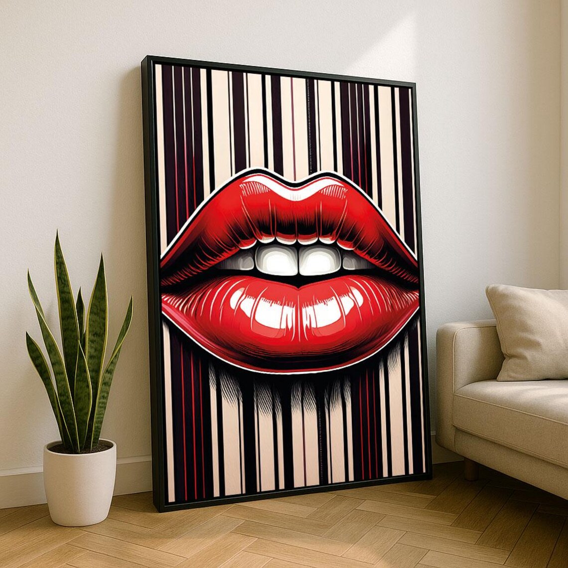 Glossy Red Lipstick Mouth Striped Background Fashion Pop Art Poster