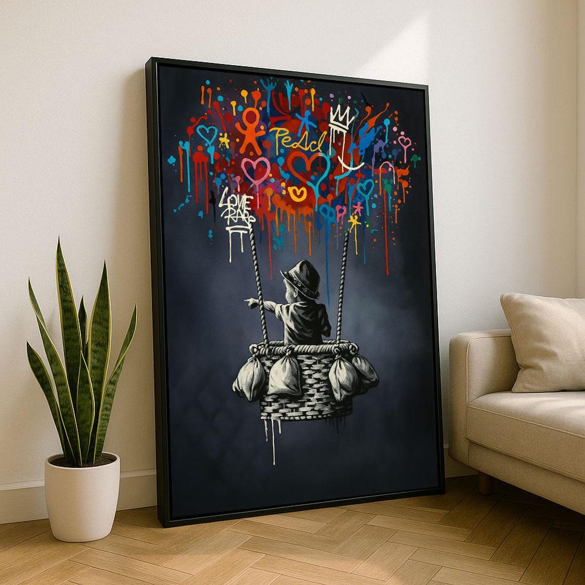 Bold Whimsical Kid Hot Air Balloon Colorful Graffiti Cloud Wall Art