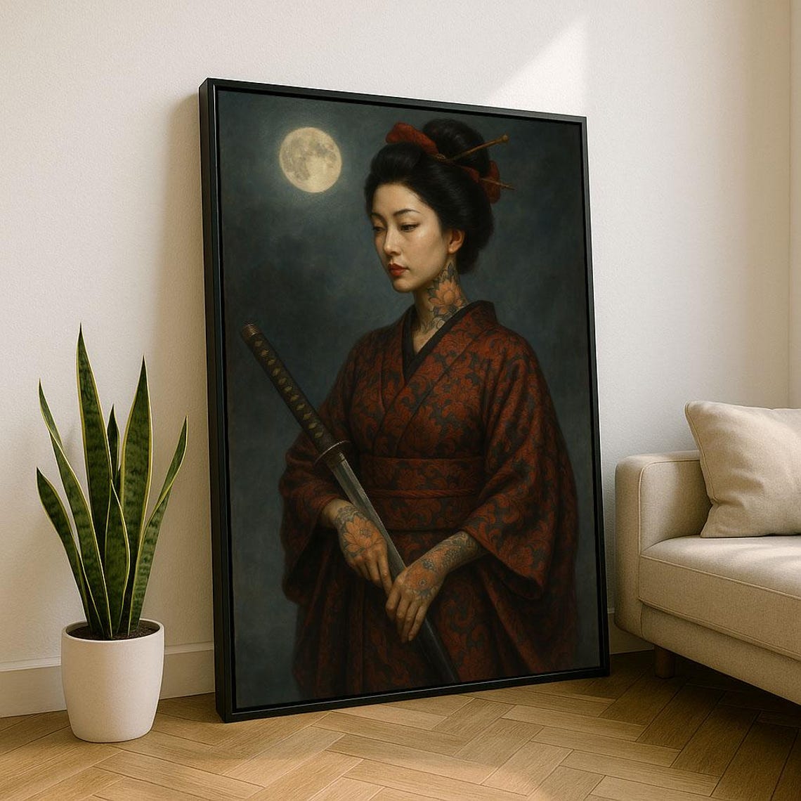 Moonlit Tattooed Geisha Woman With Katana Red Kimono Art Poster