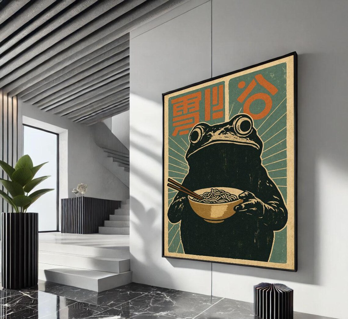 Frog Eating Ramen Bowl Retro Japanese Advertising Style Poster