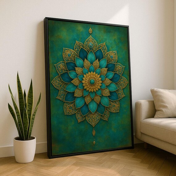 Elegant Teal And Gold Mandala Lotus Flower Boho Spiritual Wall Art