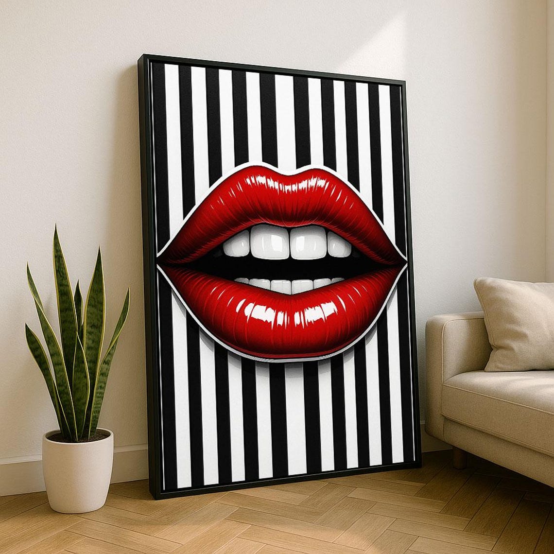 Red Lips Black White Stripes Bold Pop Art Statement Wall Poster