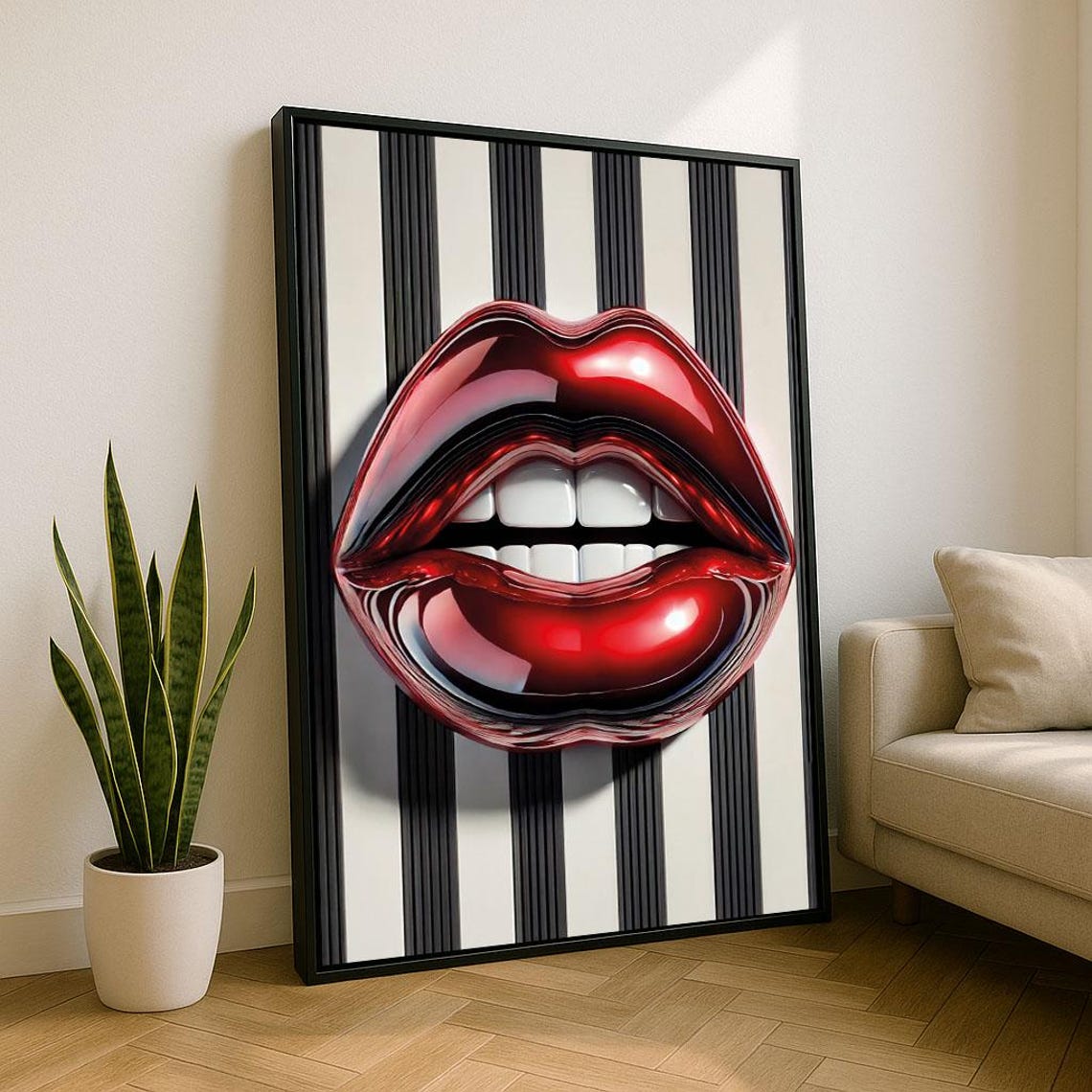 Glossy Red Lips Poster On Black White Striped Pop Art Backdrop