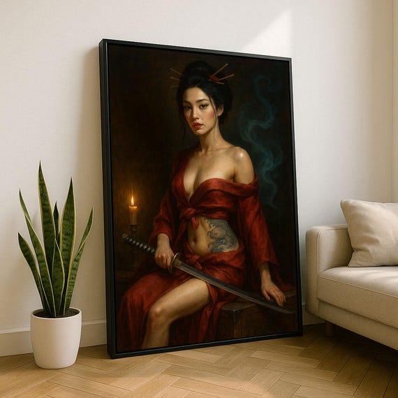 Empowering Japanese Woman Samurai Canvas Wall Art Print Bold Living Room Decor Statement Piece