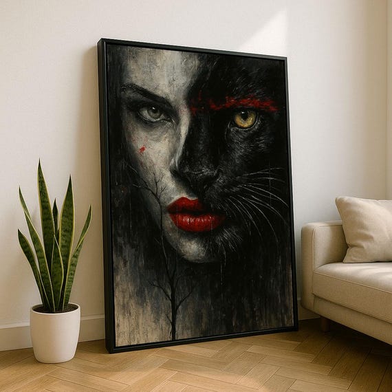 Bold Woman And Panther Fusion Canvas Wall Art Print Red Black Living Room Decor Statement Piece
