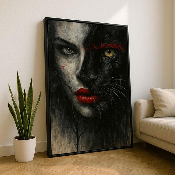 Woman Panther Fusion Half Face Gothic Red Lips Wild Cat Art Poster