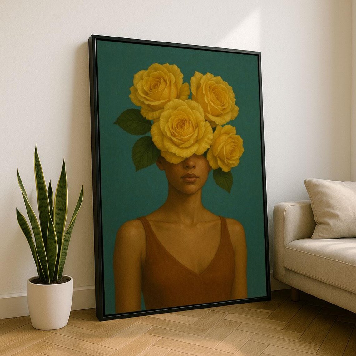 Woman With Yellow Roses Over Eyes Bold Floral Portrait Art Poster