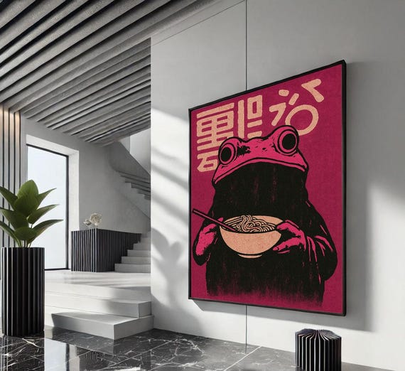 Quirky Frog With Ramen Pop Art Canvas Wall Print Bold Living Room Decor Statement Piece