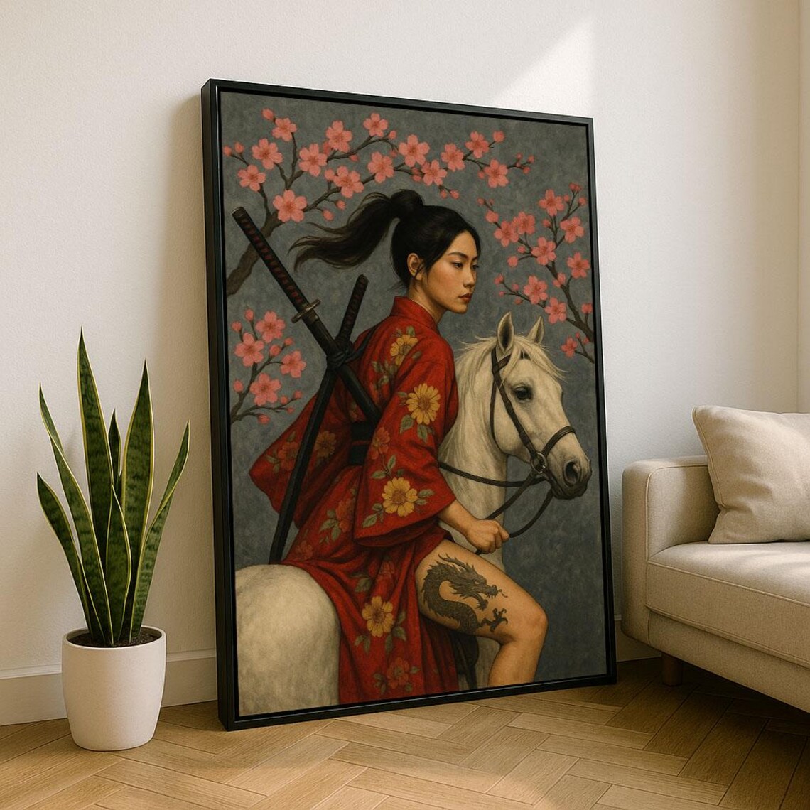 Samurai Woman White Horse Cherry Blossom Japanese Art Poster