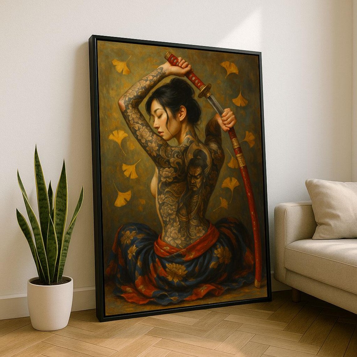 Elegant Tattooed Woman With Katana Canvas Wall Art Print Boho Bedroom Decor Statement Piece