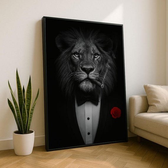 Regal Lion In Suit Canvas Wall Art Print Bold Living Room Decor Statement Piece