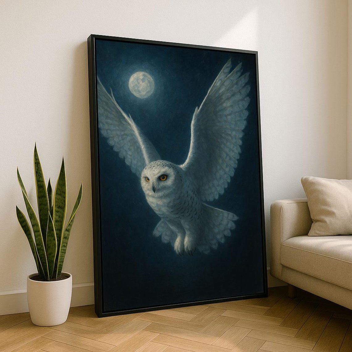 Snowy Owl Flying Under Full Moon at Night Mystical Wildlife Poster