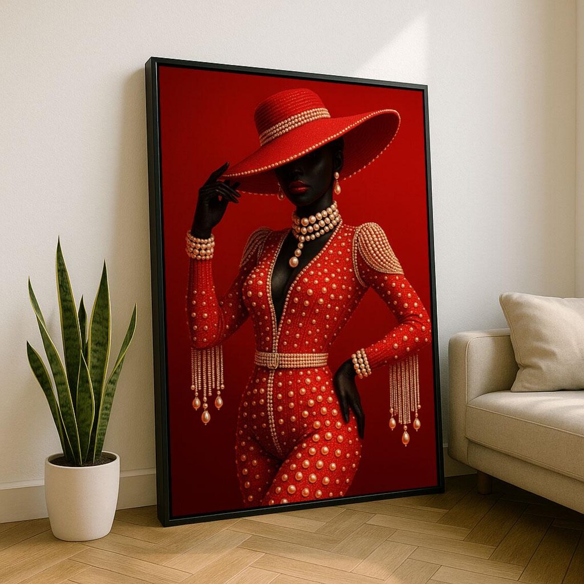Glamorous Woman In Red Pearls Bold Fashion Portrait Art Poster