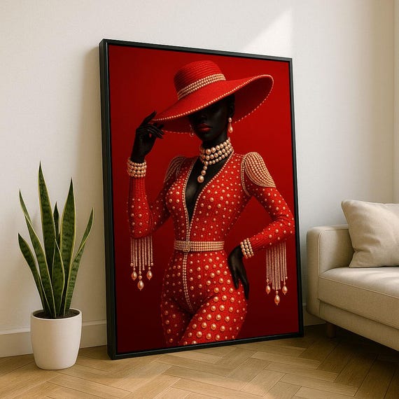 Elegant African Woman In Red Attire Canvas Wall Art Print Bold Living Room Decor Statement Piece