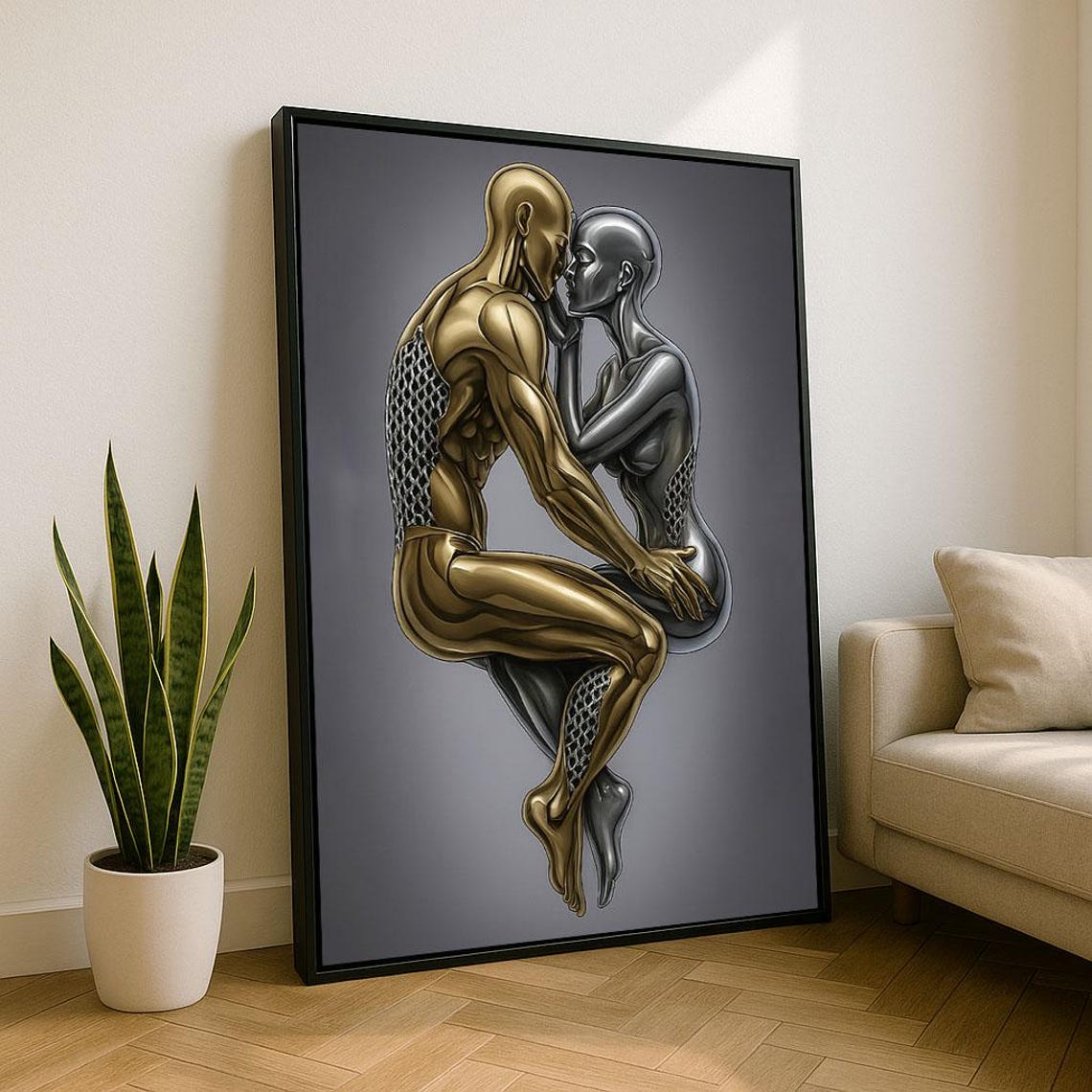Metallic Gold Silver Lovers Embrace Modern Sculpture Style Poster