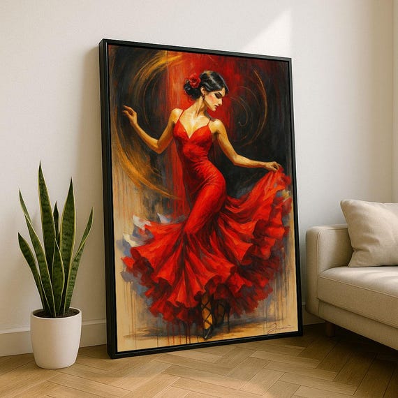 Elegant Flamenco Dancer Canvas Wall Art Print Bold Red Living Room Decor Statement Piece