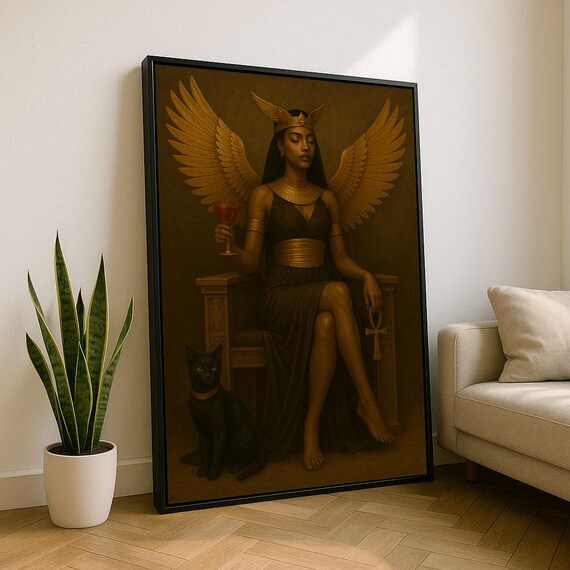 Regal Egyptian Goddess With Black Cat Golden Wings Ankh Art Poster