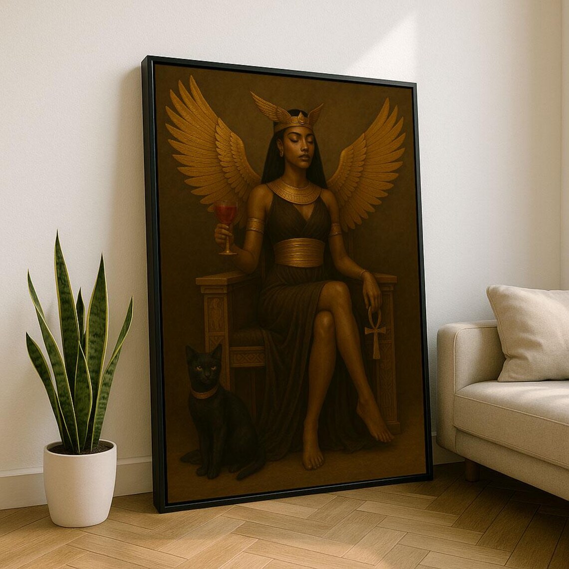 Regal Egyptian Goddess With Black Cat Golden Wings Ankh Art Poster