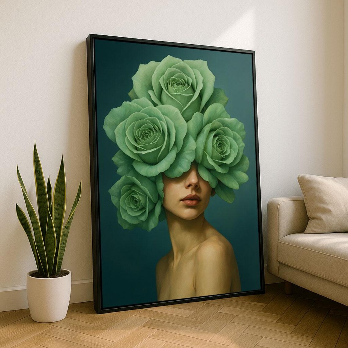 Woman With Green Rose Crown Surreal Floral Elegant Portrait Poster