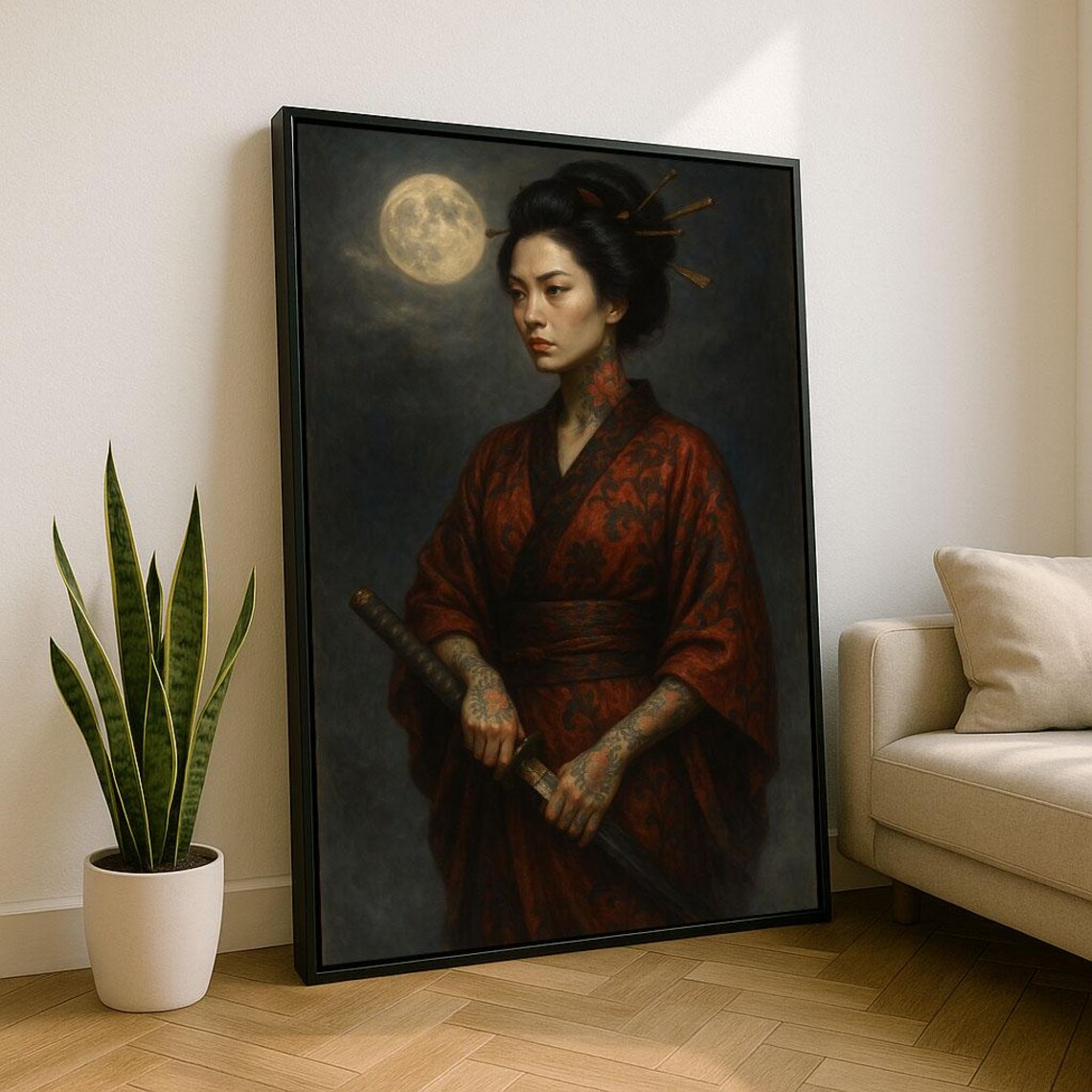 Tattooed Geisha Woman In Red Kimono With Katana Under Moon Poster
