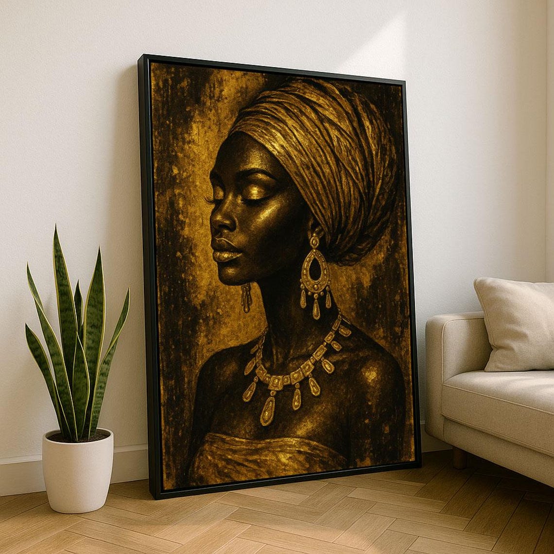 Bold African Woman Portrait Canvas Wall Art Print Golden Living Room Decor Statement Piece