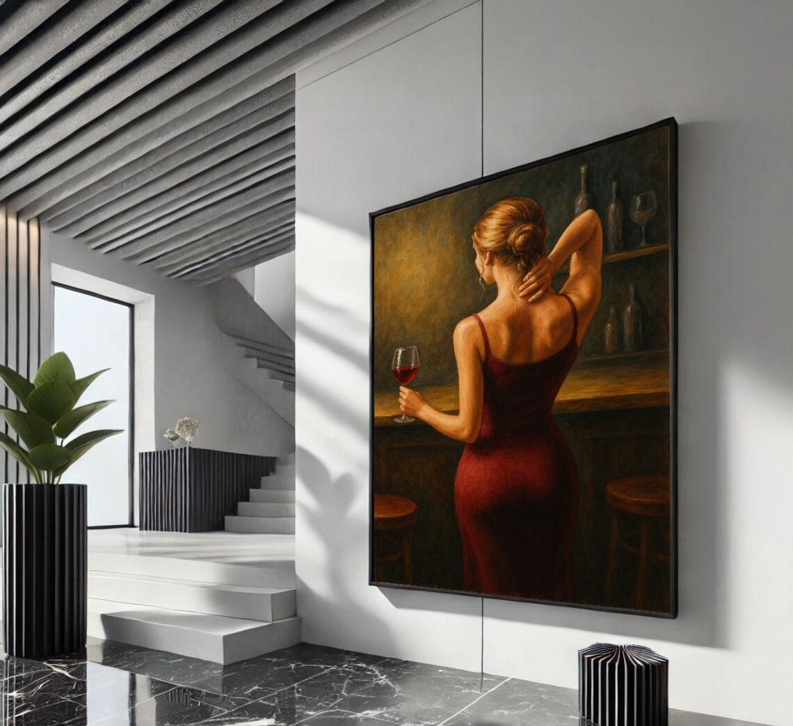 Elegant Woman In Red Dress Holding Wine At Bar Warm Tones Art Poster