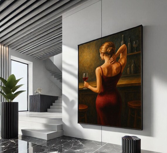 Elegant Woman In Red Dress Holding Wine At Bar Warm Tones Art Poster