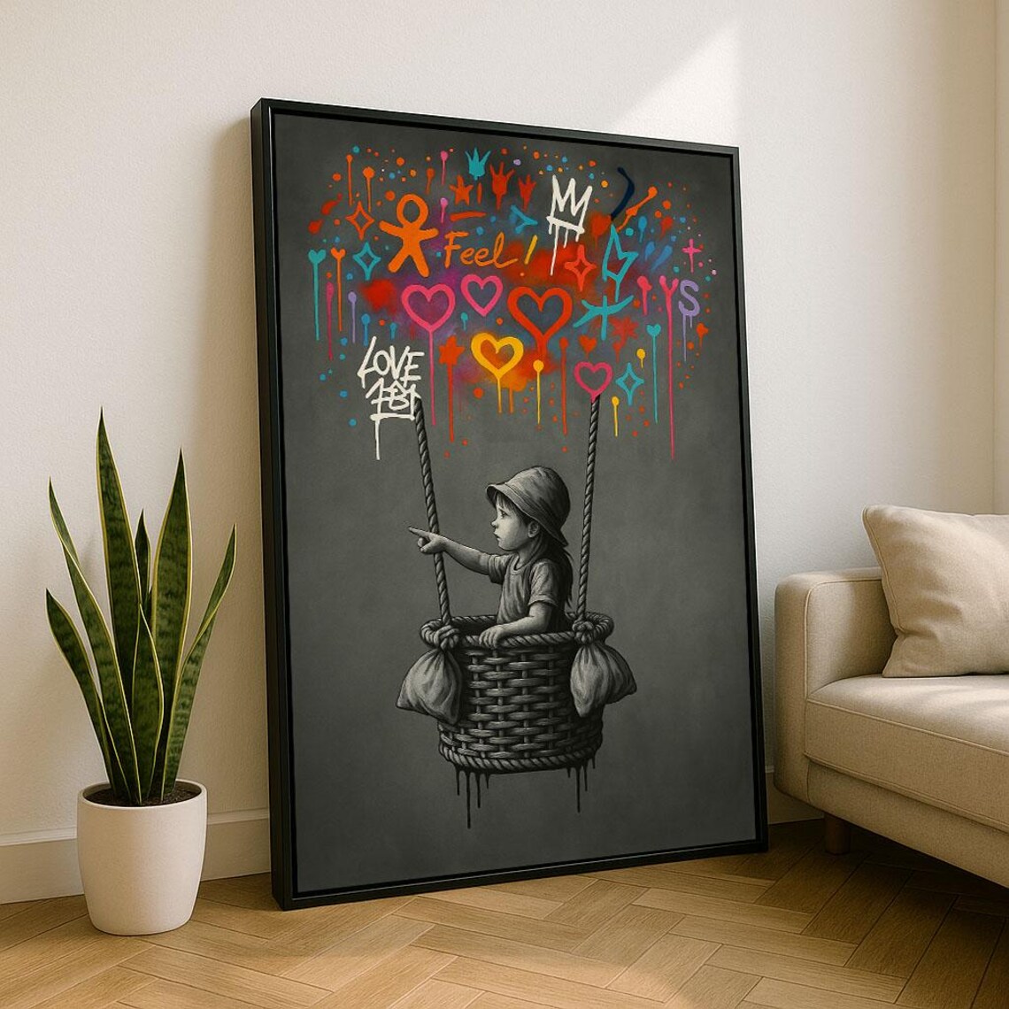 Girl In Balloon Basket With Colorful Graffiti Hearts Street Art Poster