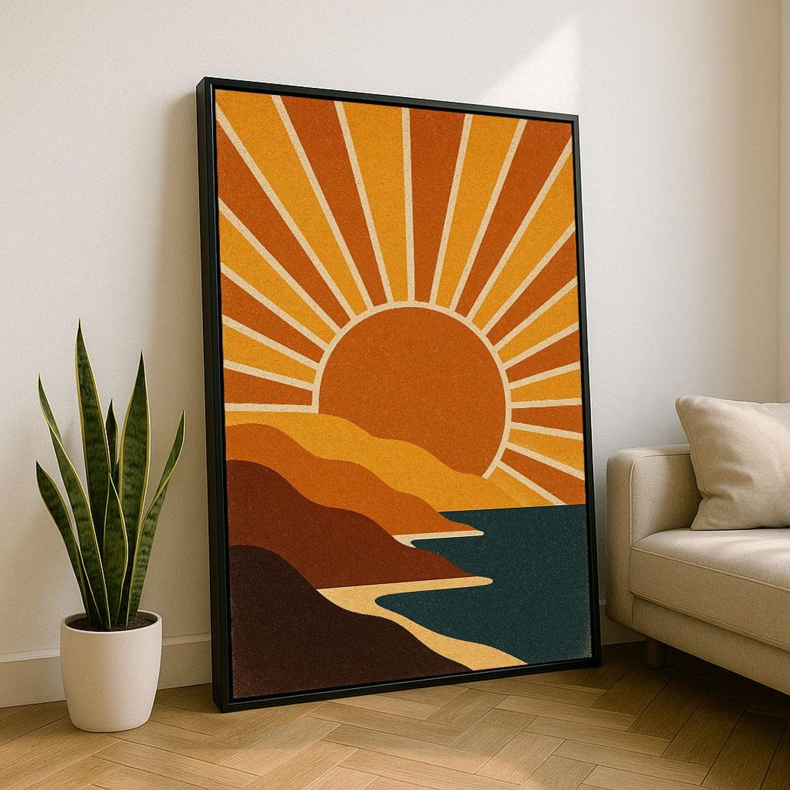 Retro Sunset Landscape Canvas Wall Art Print Earthy Living Room Decor Statement Piece