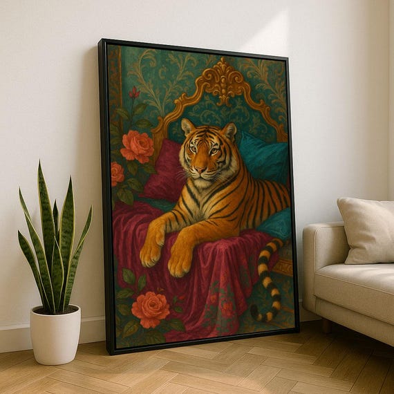 Majestic Tiger On Bed Canvas Wall Art Print Ornate Living Room Decor Statement Piece