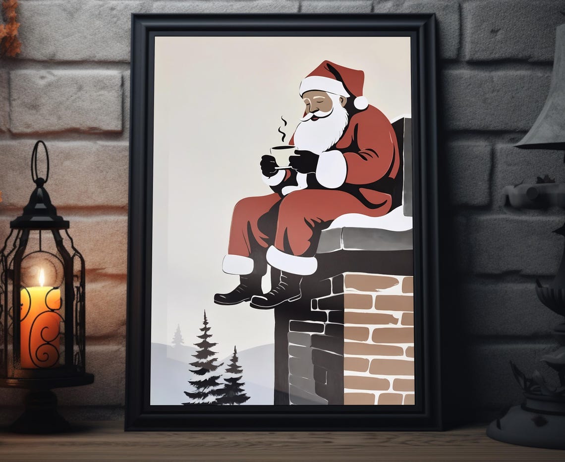 Minimalist Santa Claus Drinking Coffee On Chimney Christmas Art Print