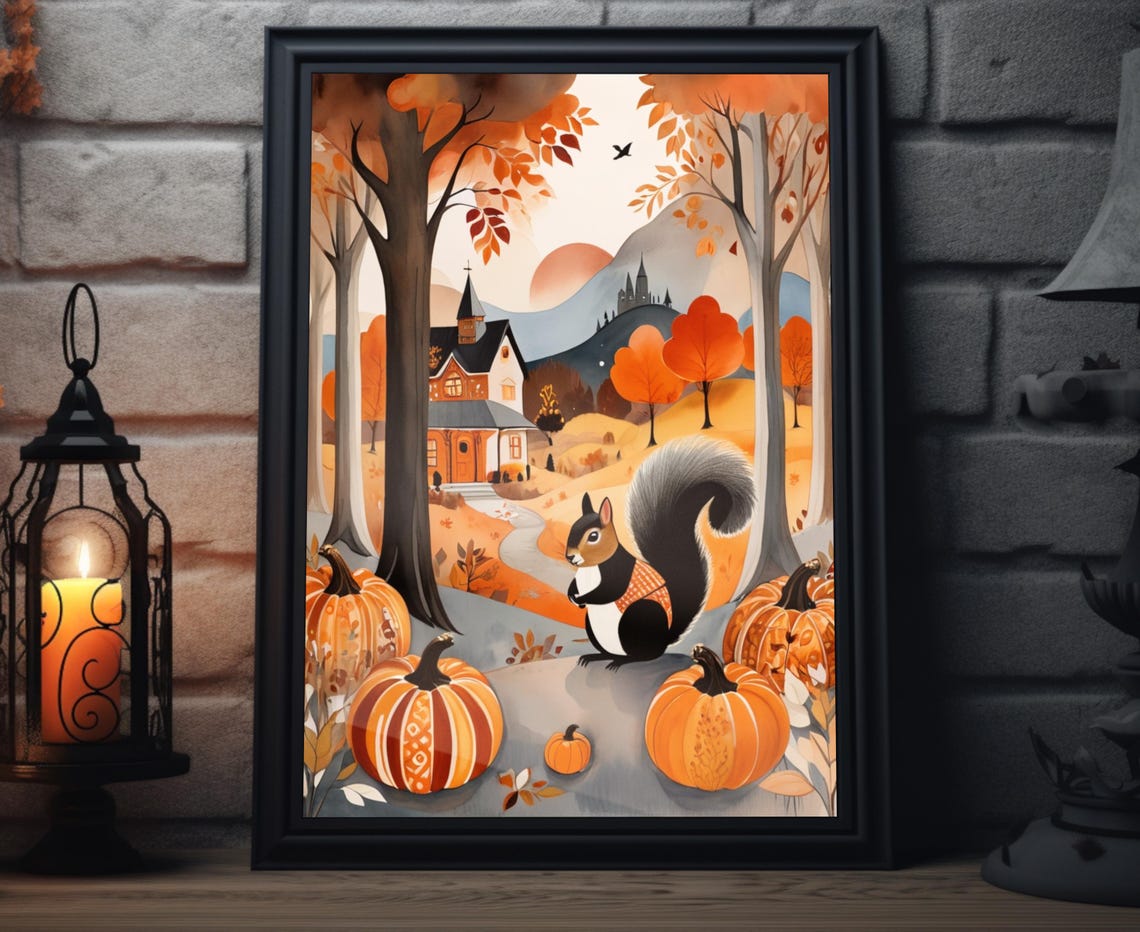 Autumn Squirrel Pumpkin Patch Woodland Sunset Folk Art Poster