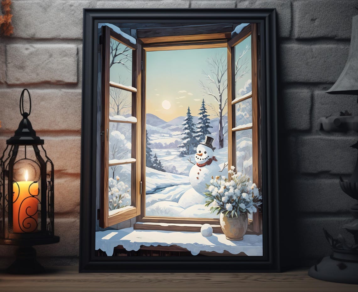 Cheerful Snowman Outside Open Window At Winter Sunset Art Poster