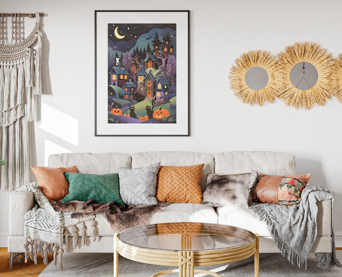 Halloween Night Town With Black Cats And Jack O Lanterns Wall Art Poster - Image 2
