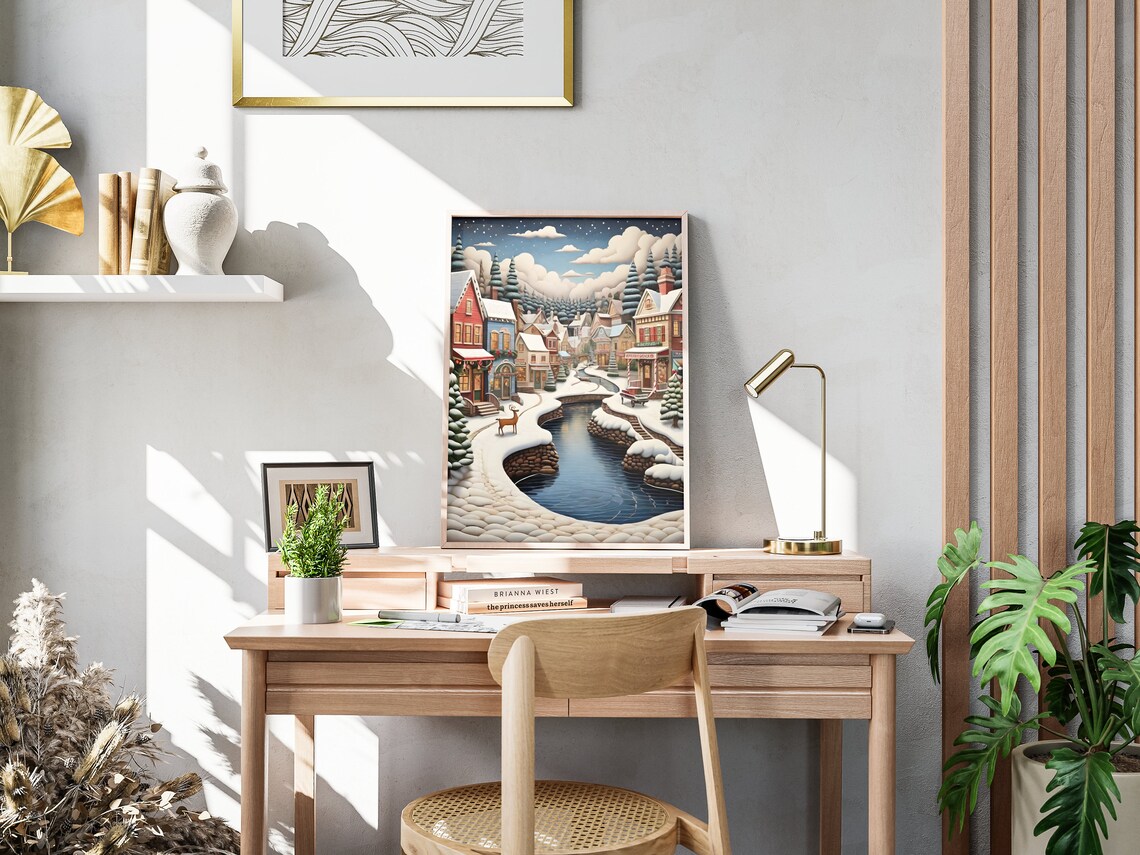 Snowy Christmas Village Street Deer Frozen River Night Art Poster - Image 4