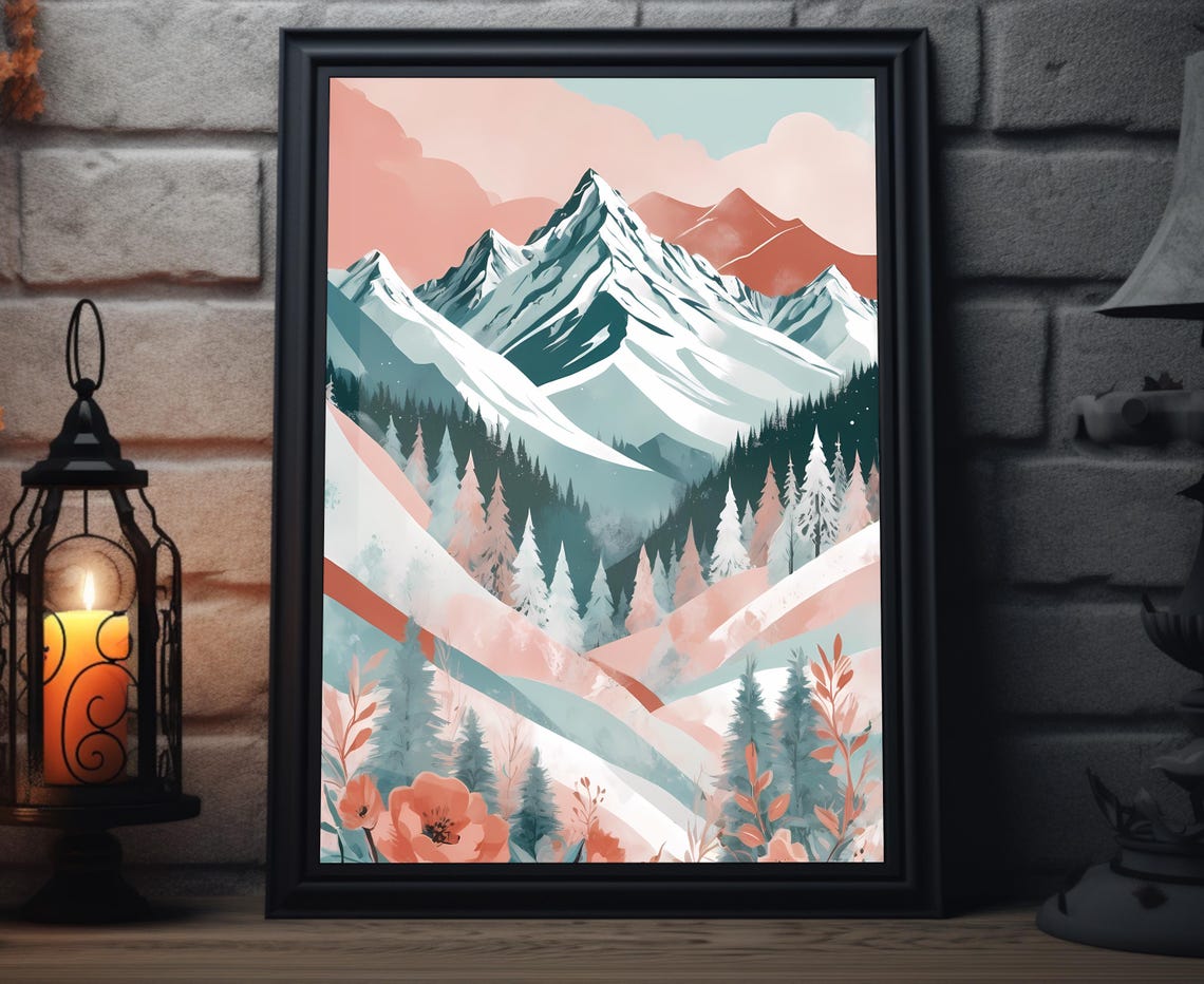 Pastel Abstract Snowy Mountain Pines Winter Landscape Art Poster