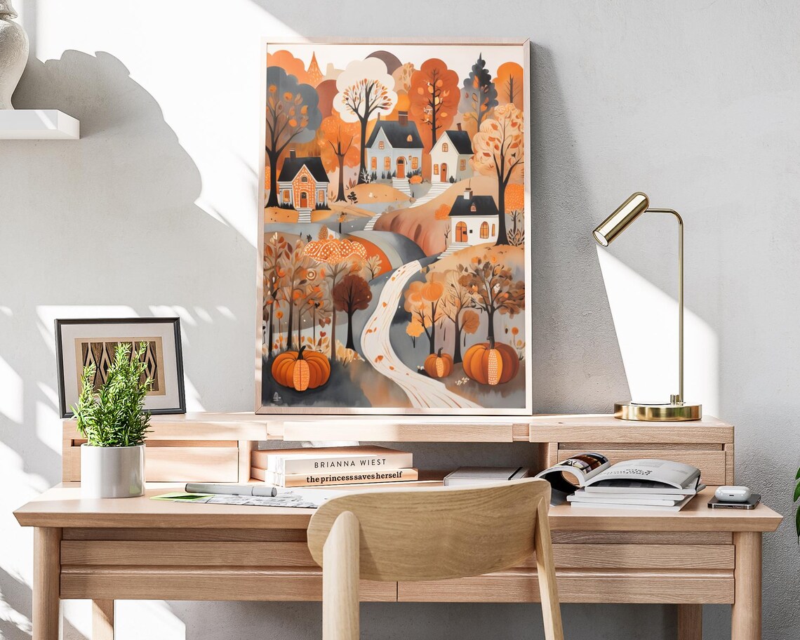 Autumn Town Pumpkins Orange Trees White Houses Winding Road Folk Poster - Image 4