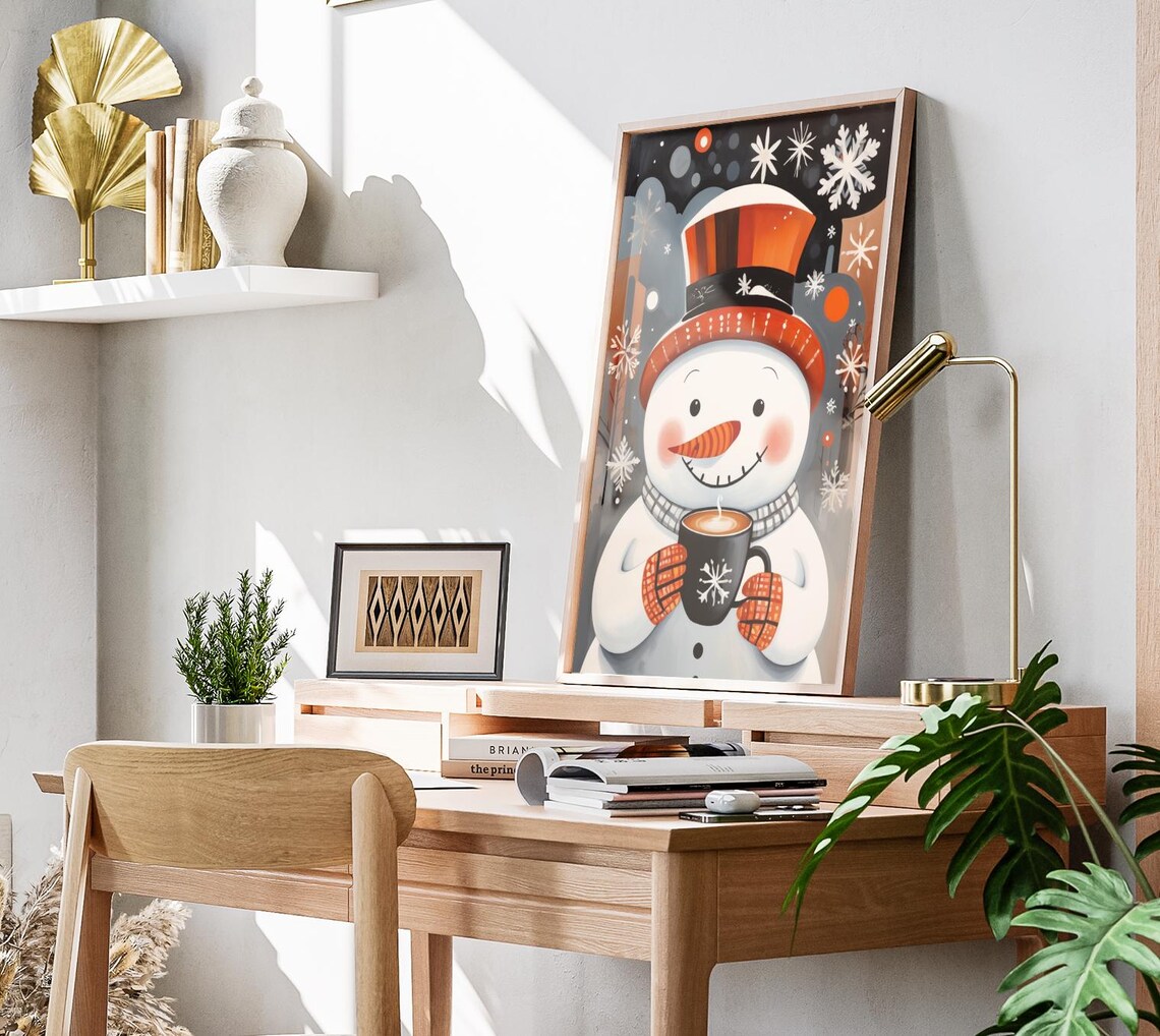 Cheerful Snowman Hot Cocoa Top Hat Snowflake Folk Art Poster - Image 3