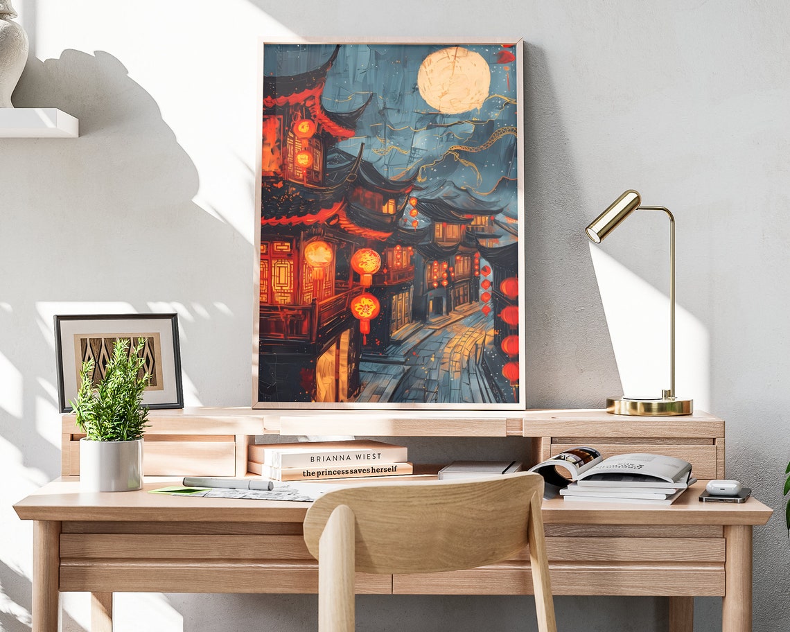 Chinese New Year Old Town Night Lanterns Moon Pagoda Lunar Art Poster - Image 4
