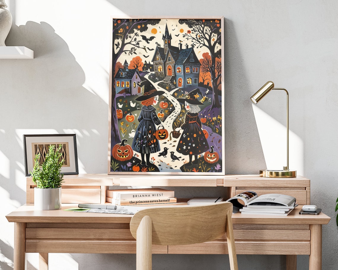Halloween Witch Girls Pumpkins Haunted Mansion Folk Art Poster - Image 4