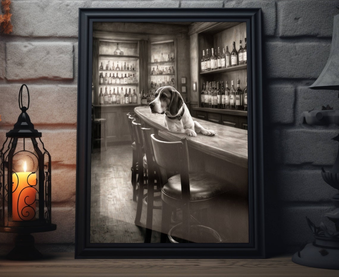 Beagle Lying On Bar Counter Vintage Pub Black White Sketch Poster