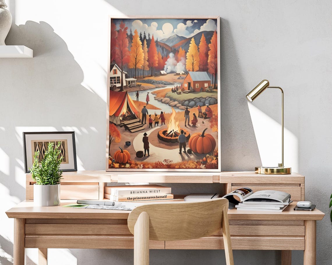 Campfire Gathering Autumn Camp Fall Trees Outdoor Scene Poster - Image 4