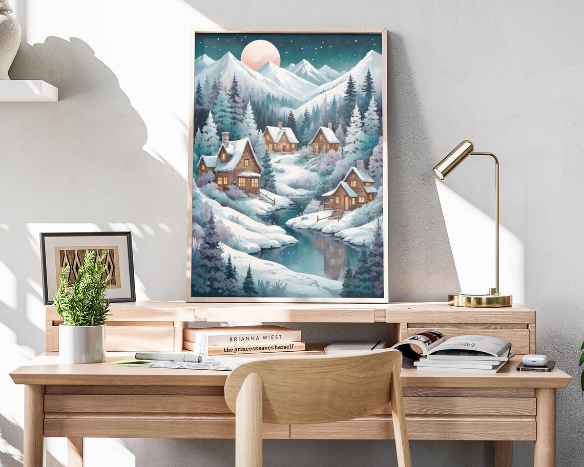 Mountain Cabins Moonlit Winter Night Snowy River Alpine Poster - Image 4