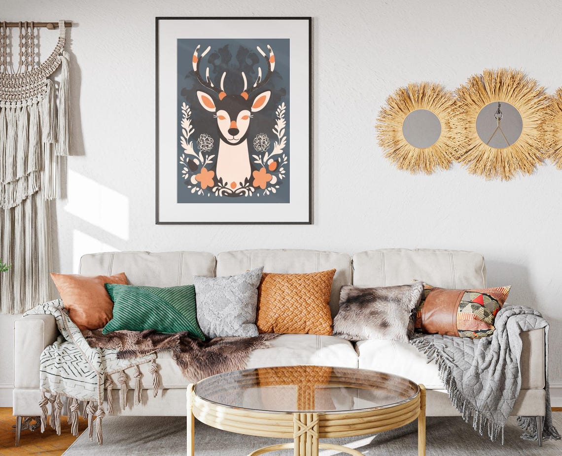 Elegant Boho Reindeer Head Floral Botanical Christmas Art Poster - Image 2