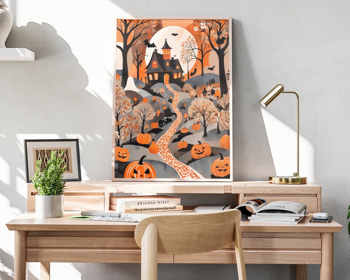 Haunted House Ghost Forest Moonlit Orange Path Pumpkins Poster - Image 4