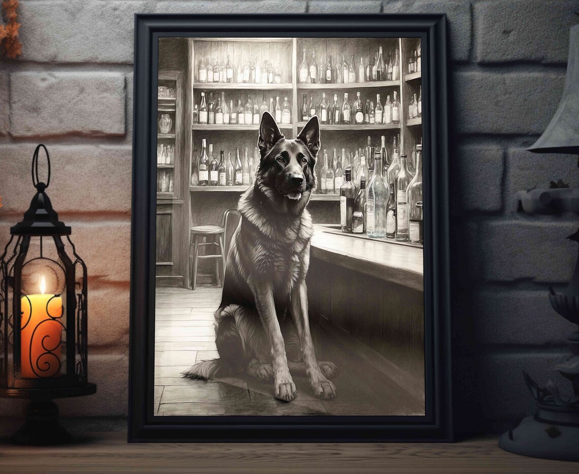 Black German Shepherd Bar Art Print, Beer Sketch