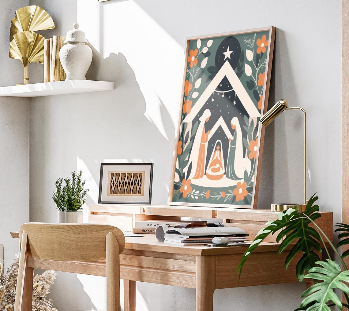 Boho Minimalist Nativity White Stable Baby Jesus Star Holiday Poster - Image 3