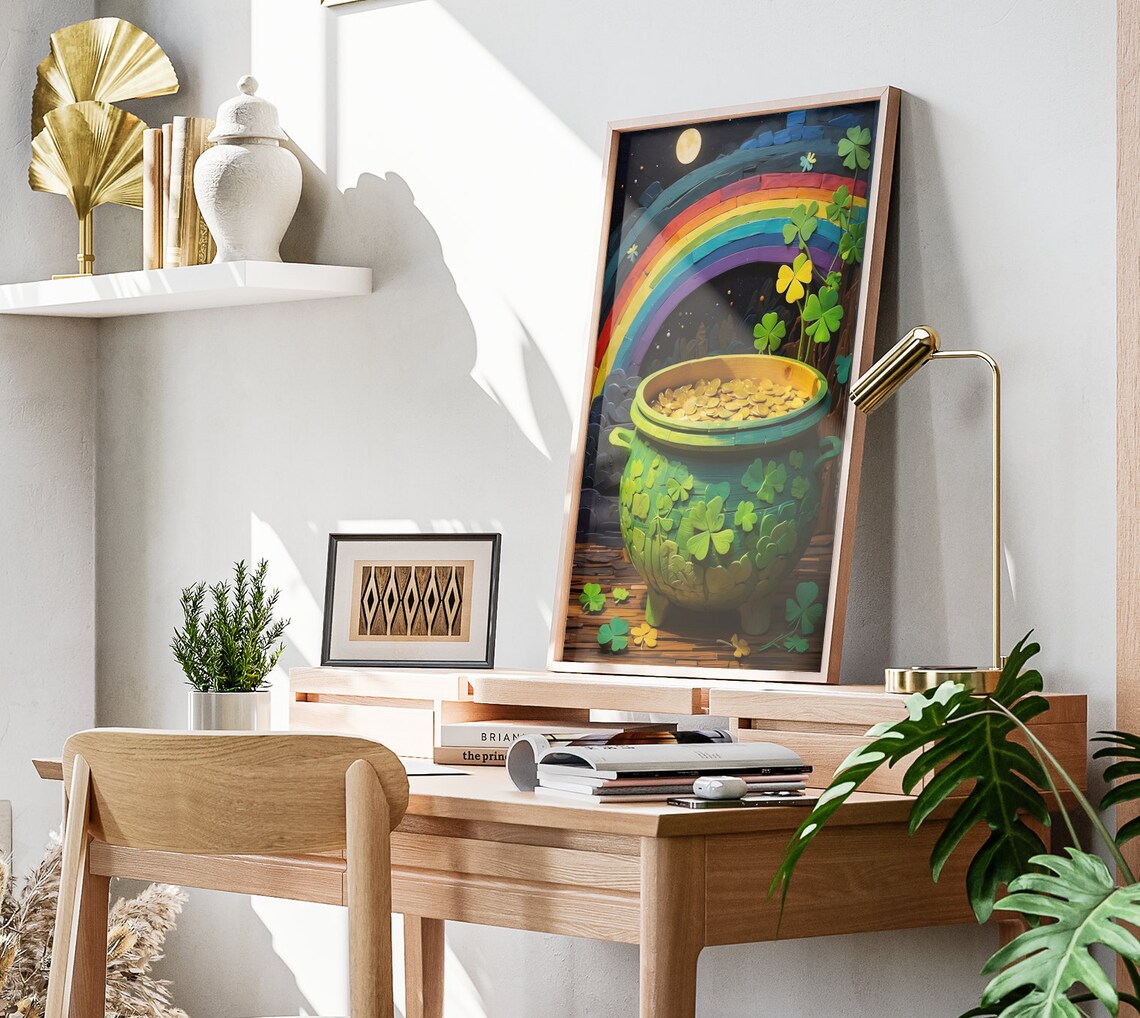 St Patricks Day Shamrock Pot Of Gold Rainbow Moonlit Night Poster - Image 3